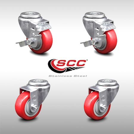 Service Caster 3 Inch SS Red Polyurethane Wheel Swivel Bolt Hole Caster Set with 2 Brake SCC SCC-SSBH20S314-PPUB-RED-TLB-2-S-2